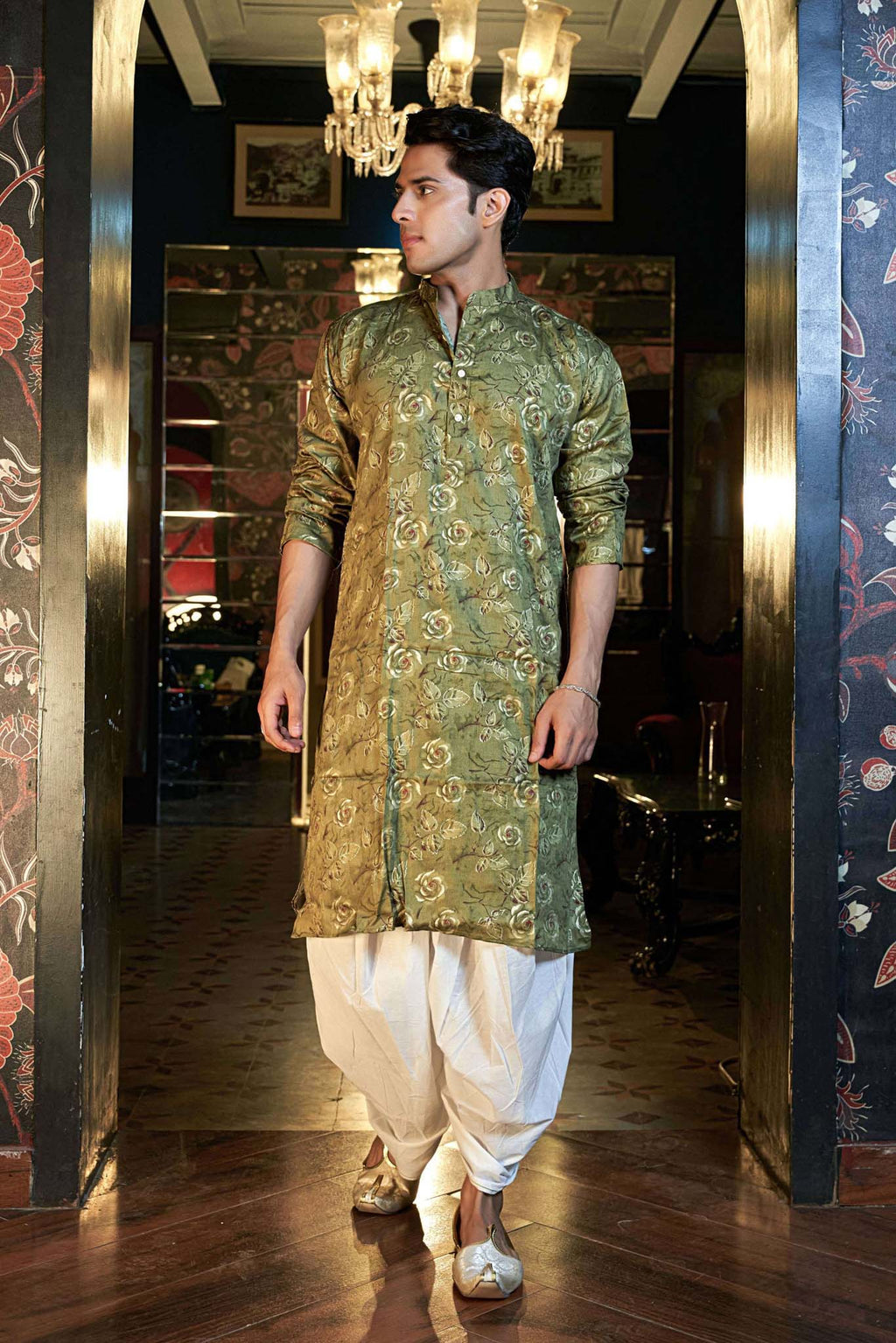 The Olive Green Floral Foil Print Long Kurta