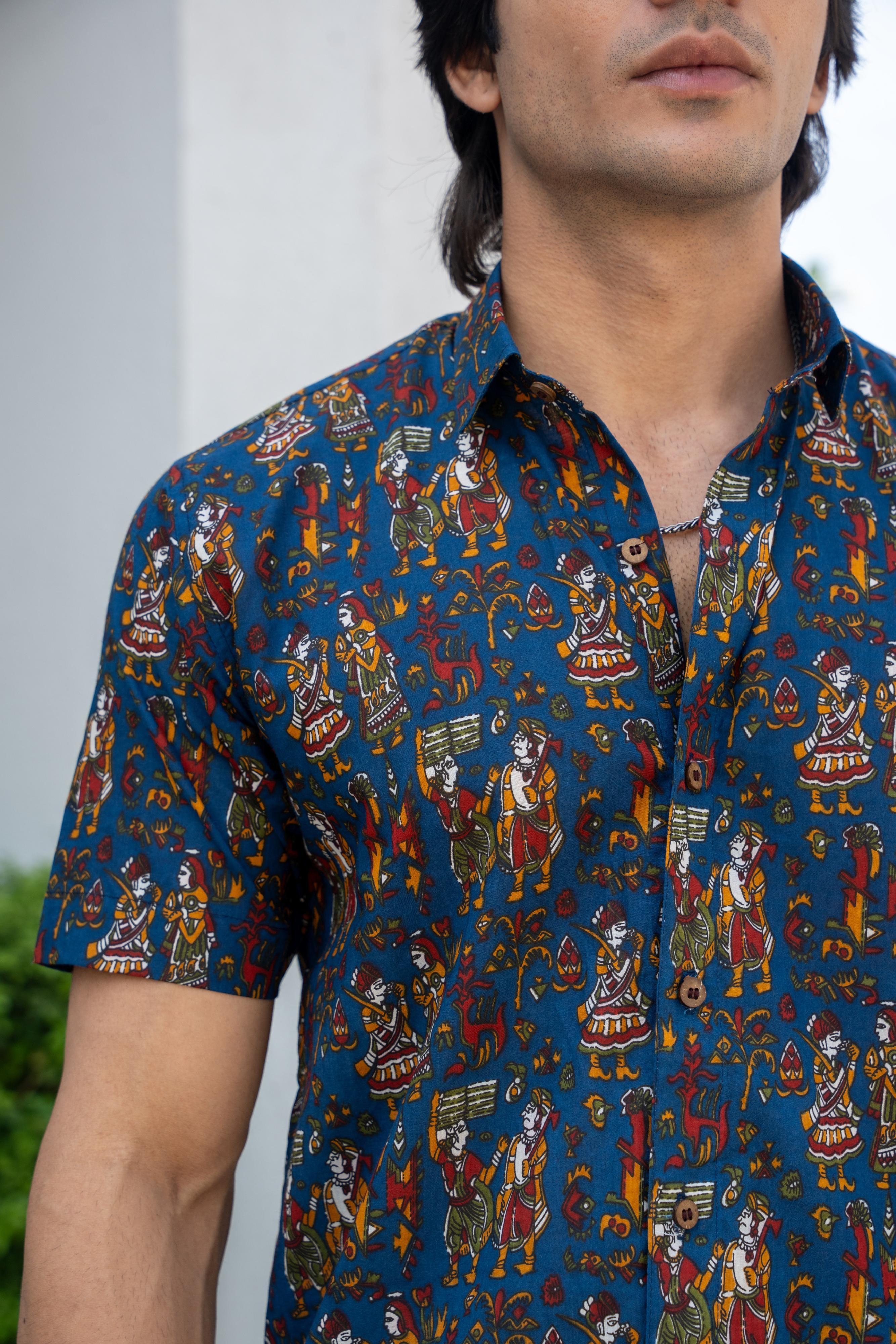 The Navy Blue Half Sleeves Shirt With Funky Tribal Print