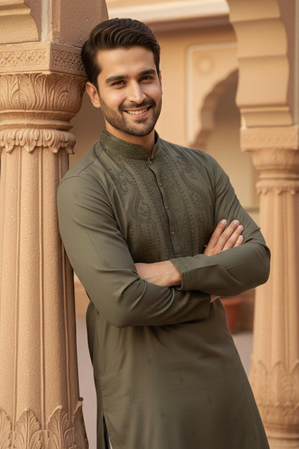 The Earthy Green Classic Heritage Embroidery Long Kurta