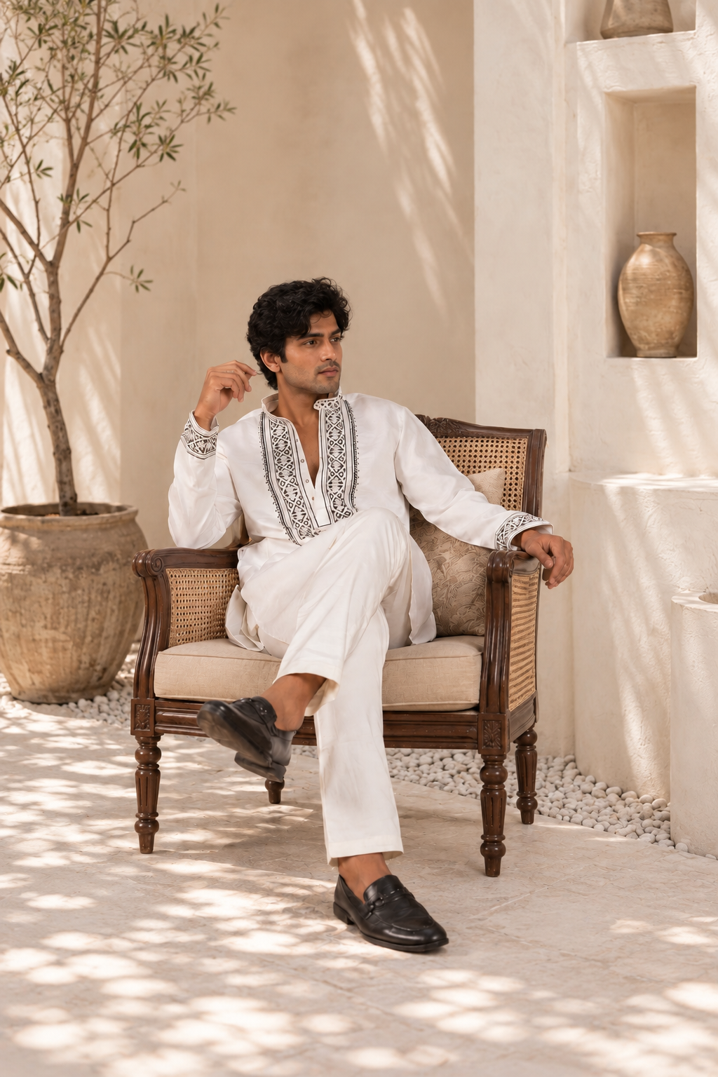 The White Black Thread Work Long Kurta