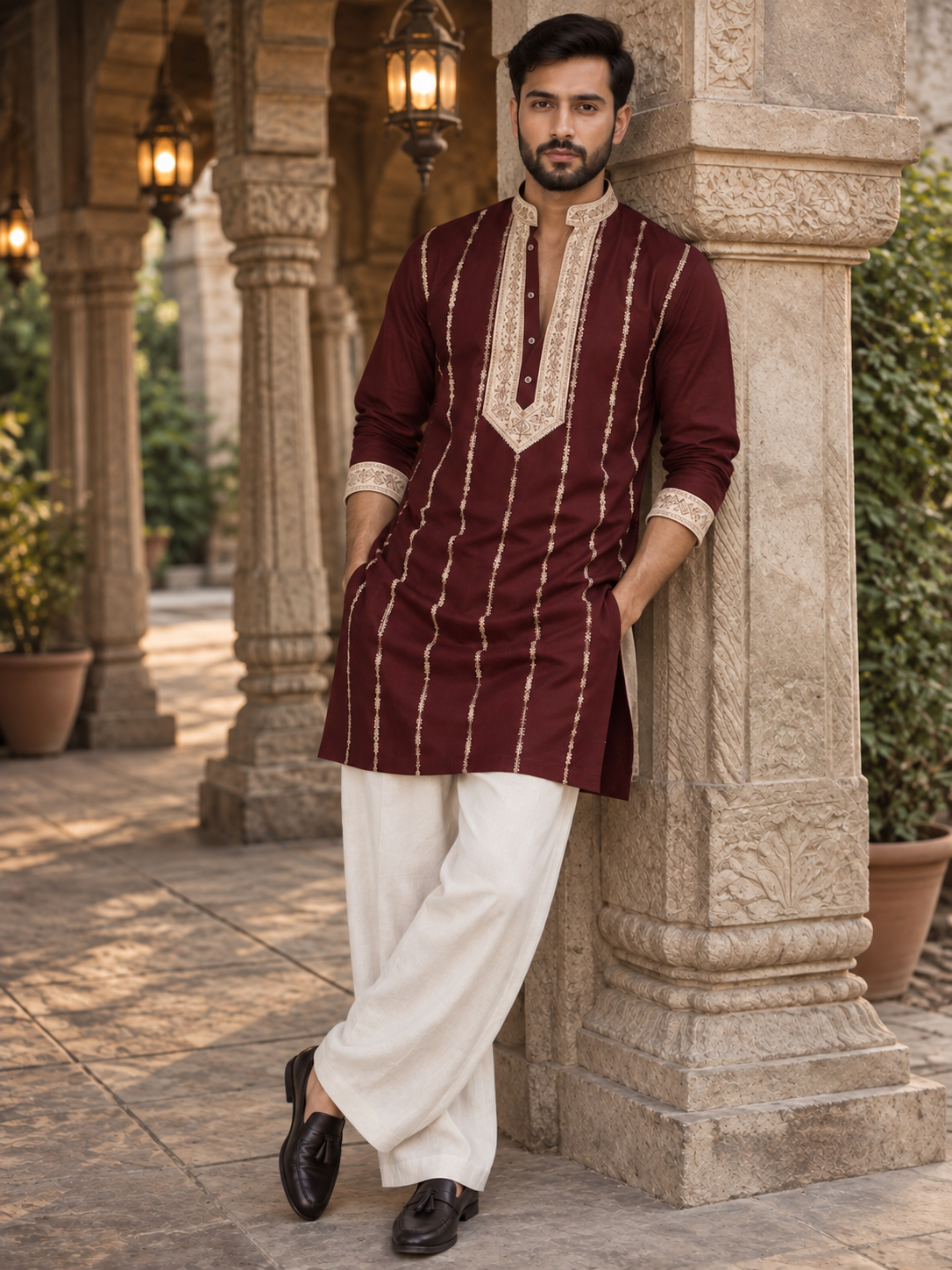 The Stylish Maroon Neck Embroidery Long Kurta With Dupatta
