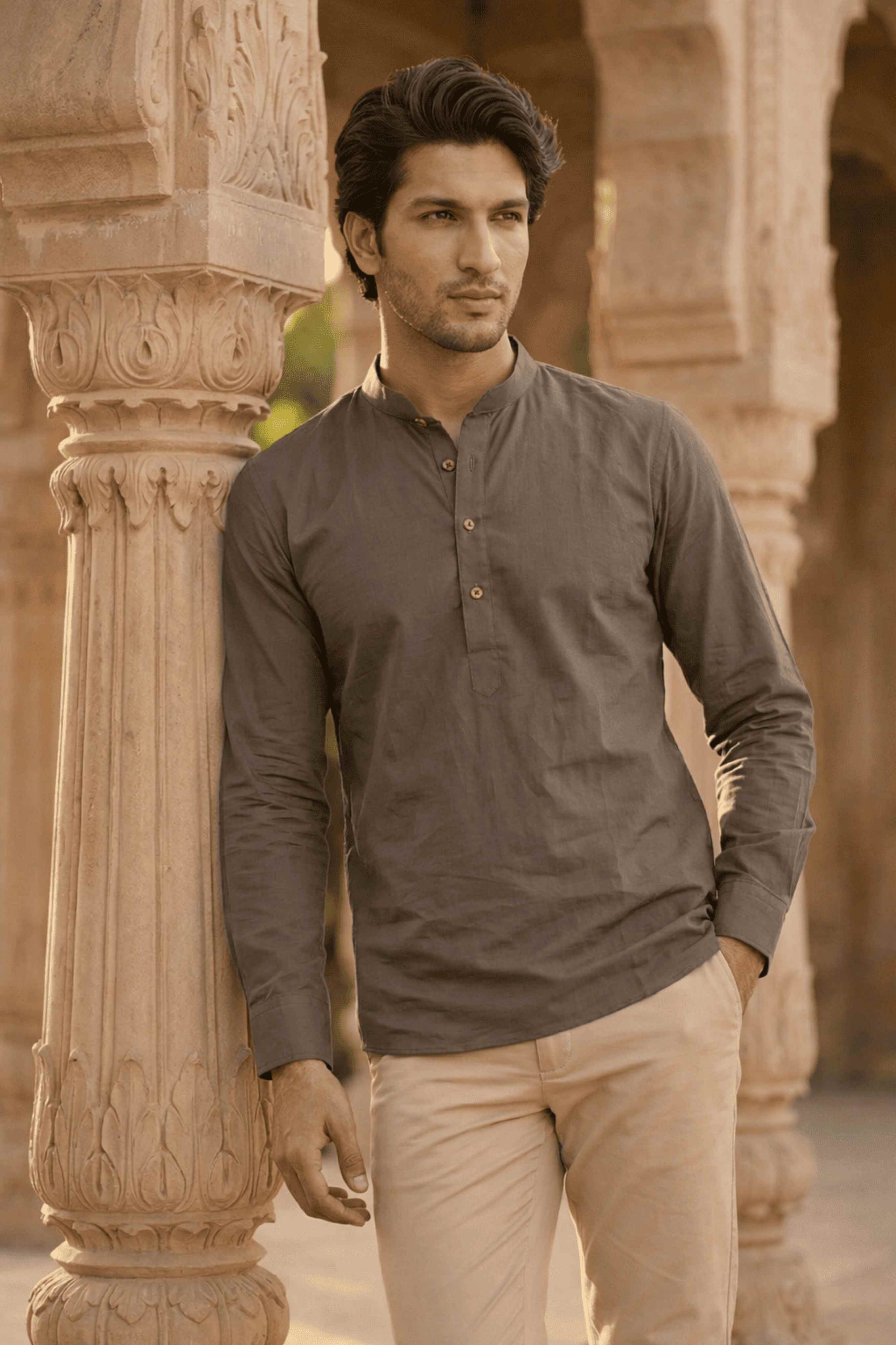 The Brown Cotton Short kurta With Buttoned Cuffs