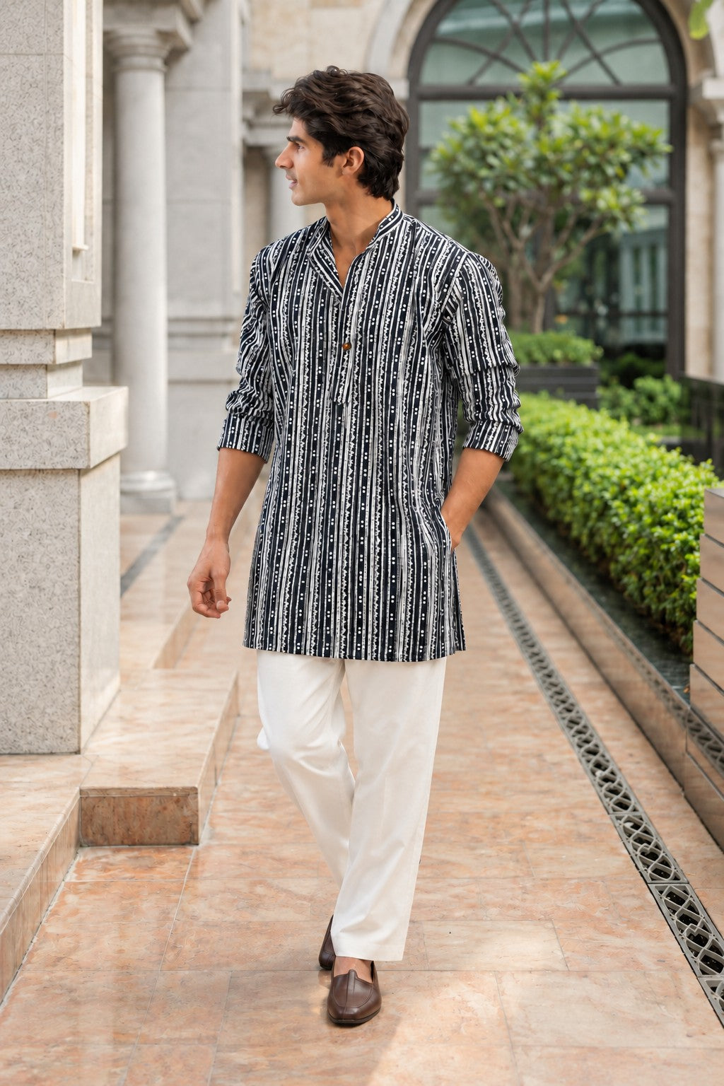 The Greyish Blue Kantha Work Mid Thigh Kurta With Tribal Stripe Print