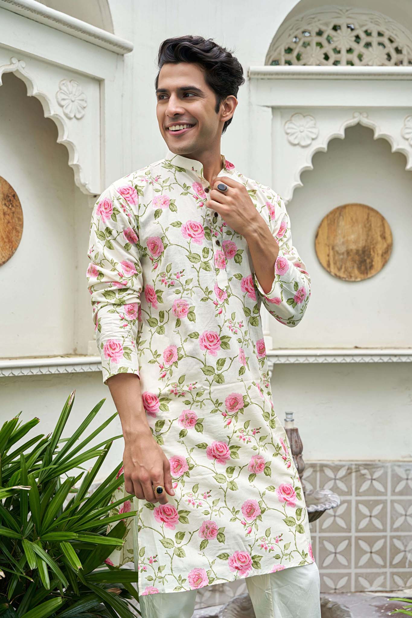 The White Long Kurta With Pink Flower Print