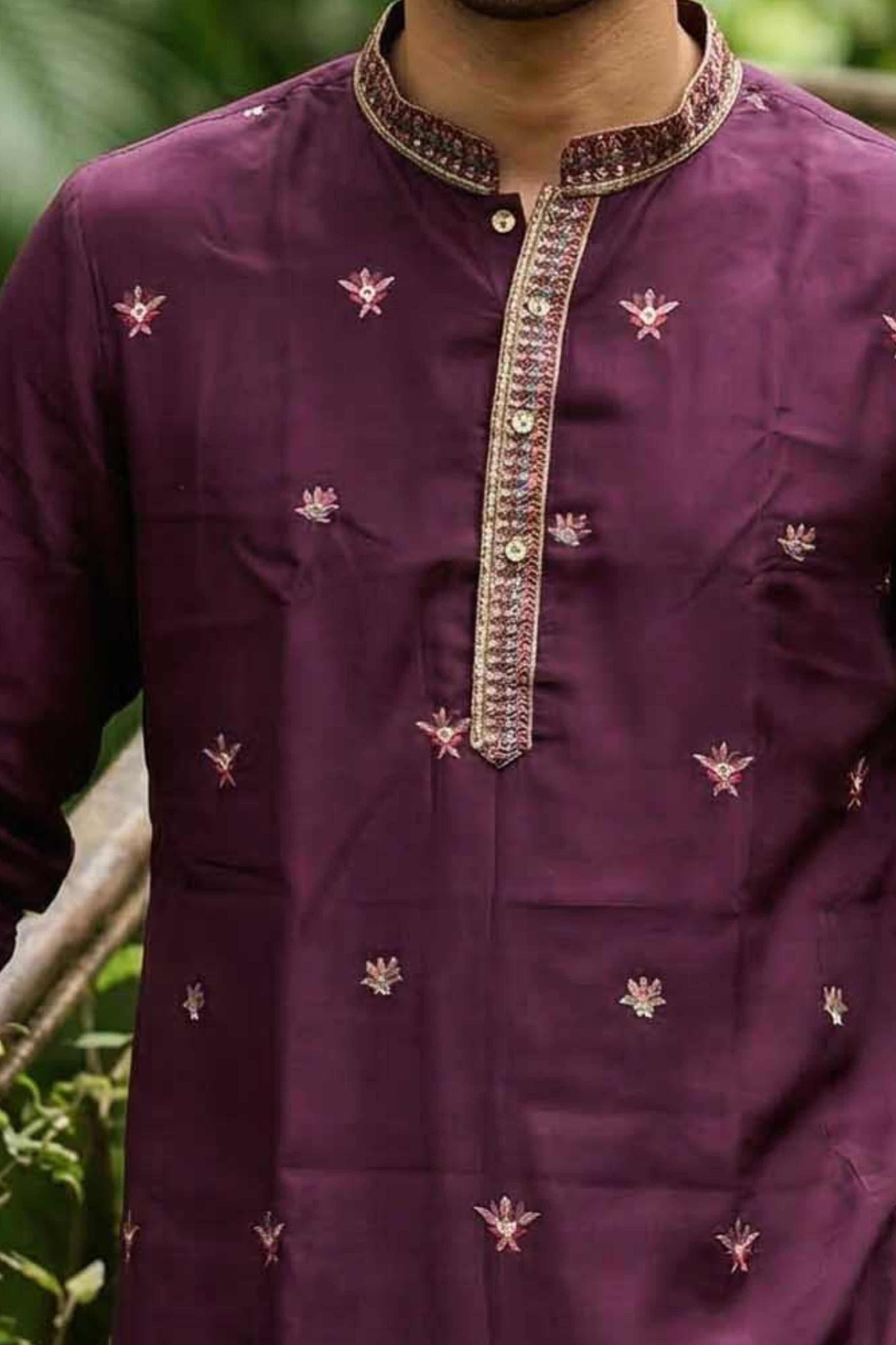 Wine Purple Designer Georgette Long Kurta with Floral Embroidery and Dupatta
