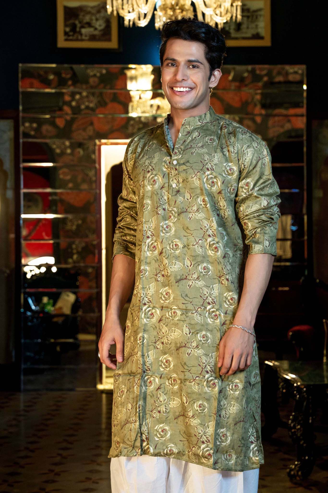 The Olive Green Floral Foil Print Long Kurta