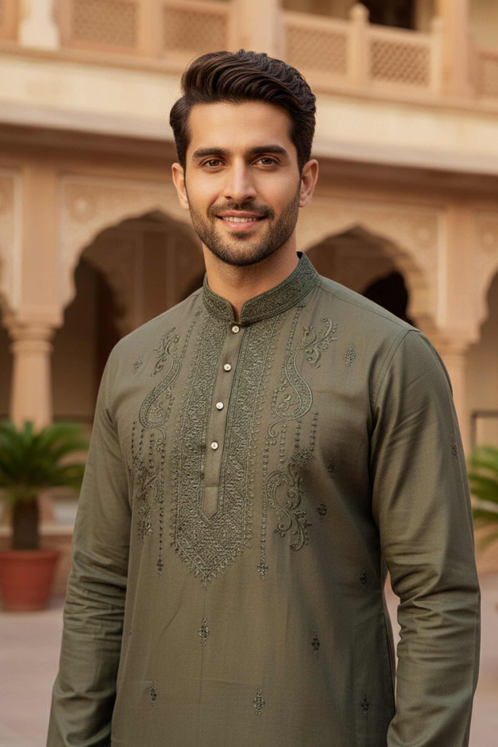 The Earthy Green Classic Heritage Embroidery Long Kurta