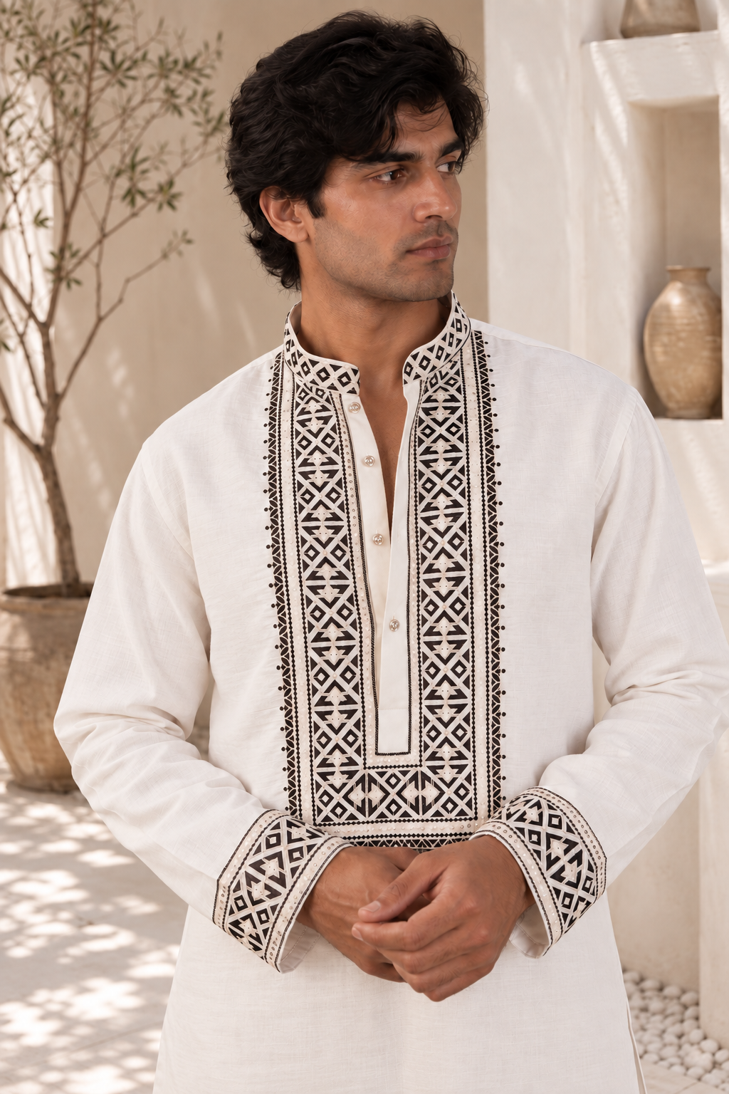 The White Black Thread Work Long Kurta