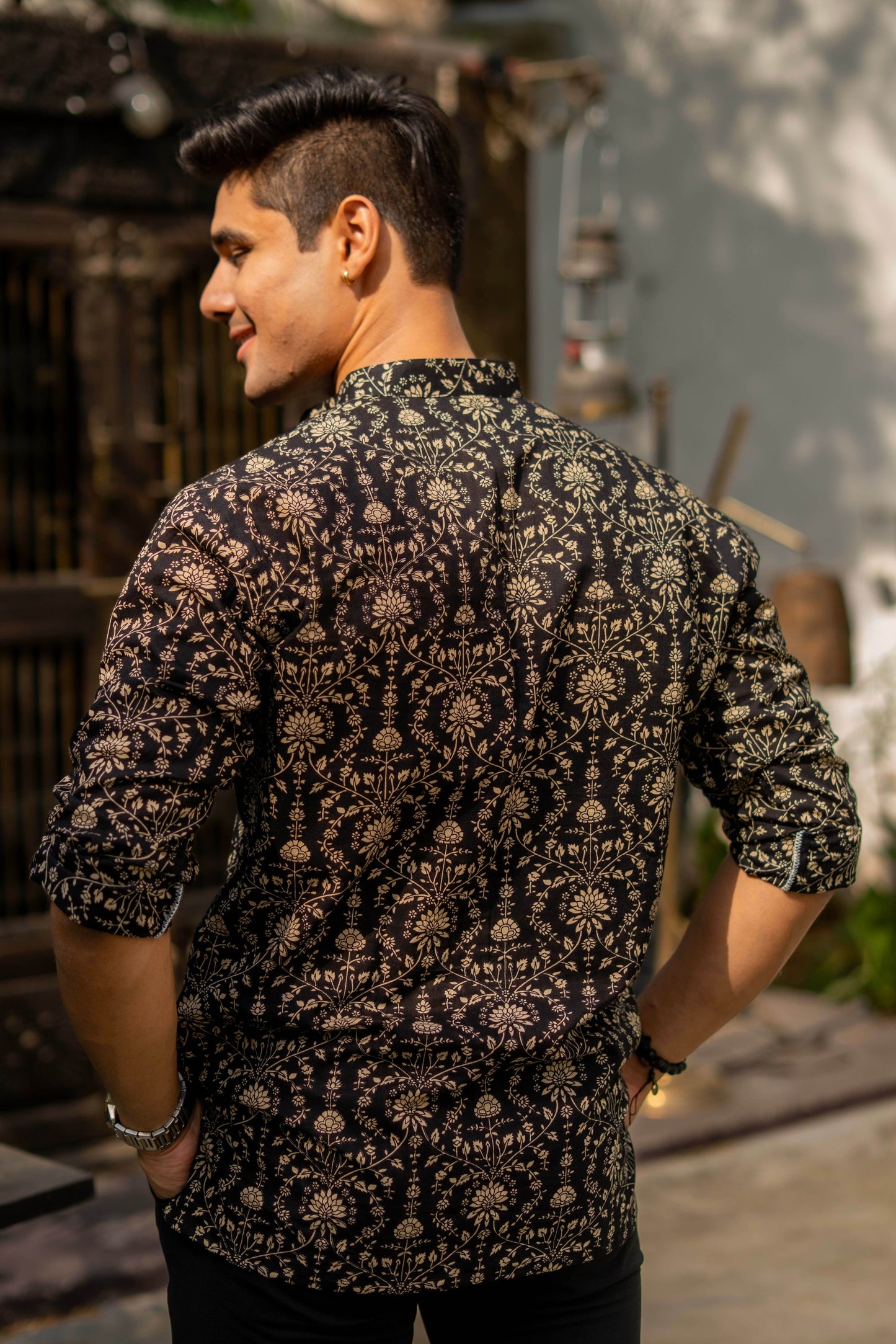 The Black Short Kurta With Beige Dabu Print