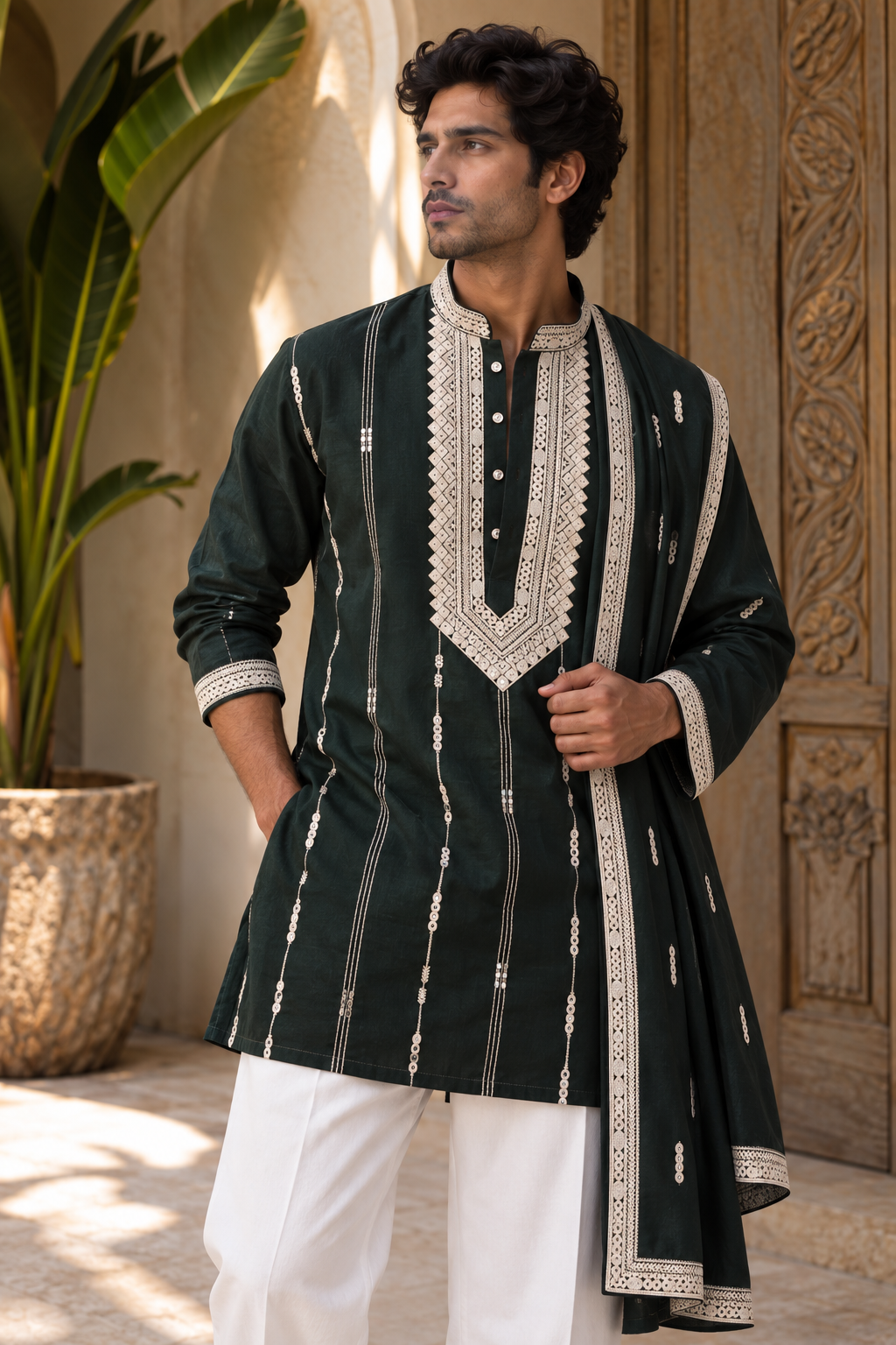 The Green Neck Embroidery Long Kurta With Dupatta