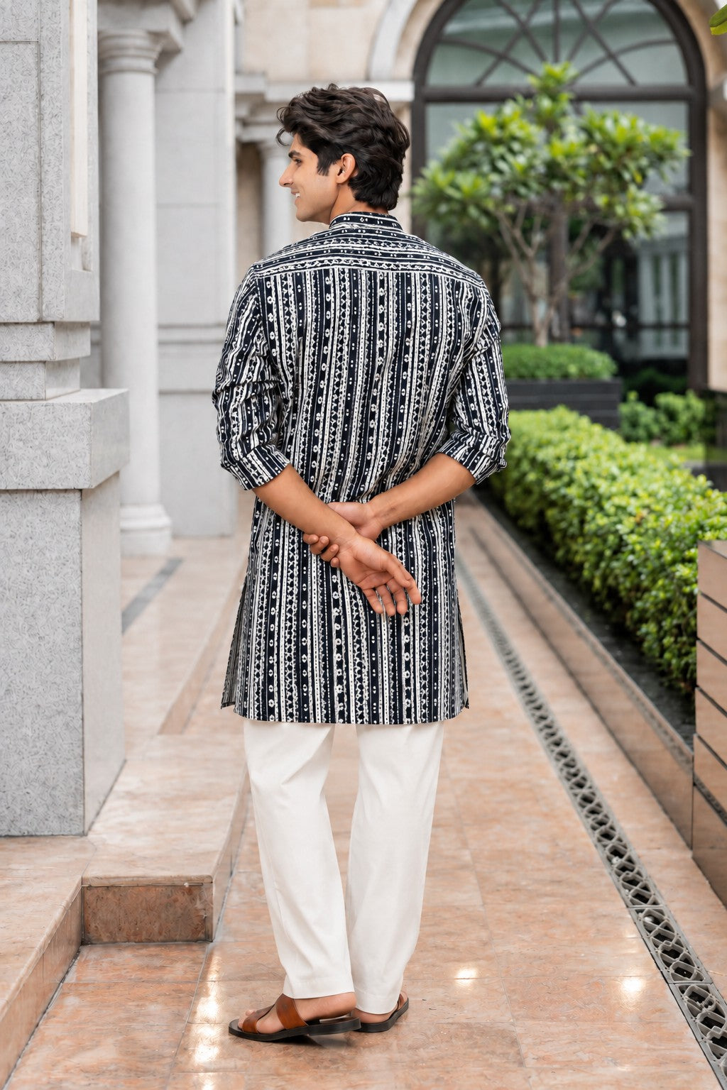 The Greyish Blue Kantha Work Mid Thigh Kurta With Tribal Stripe Print