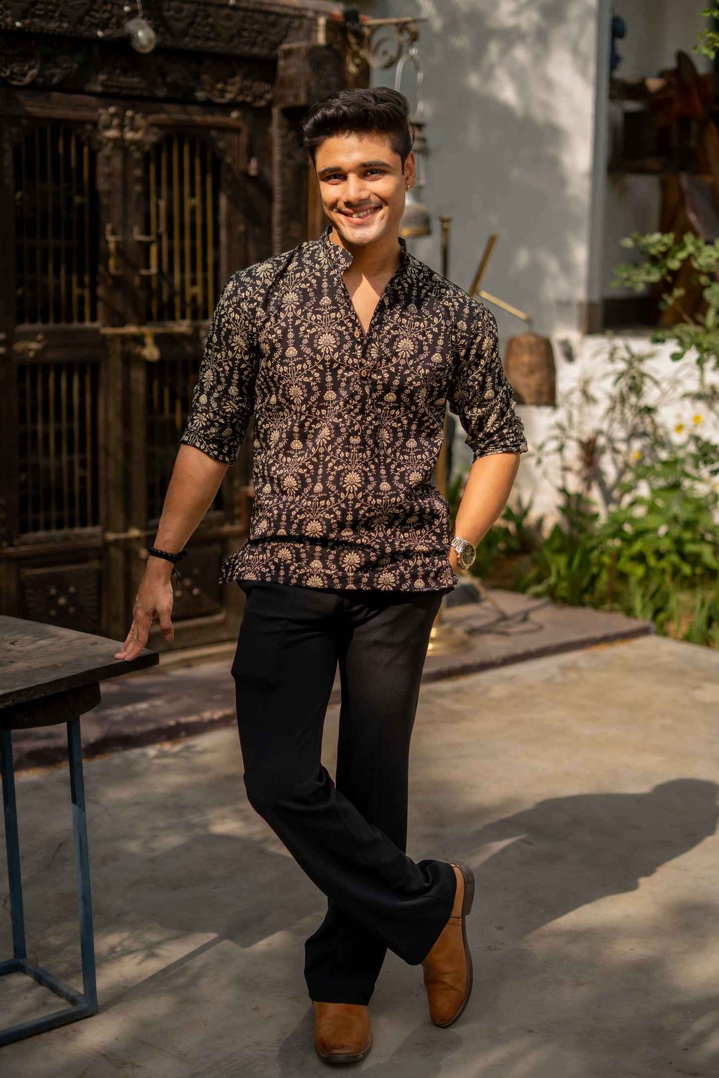 The Black Short Kurta With Beige Dabu Print