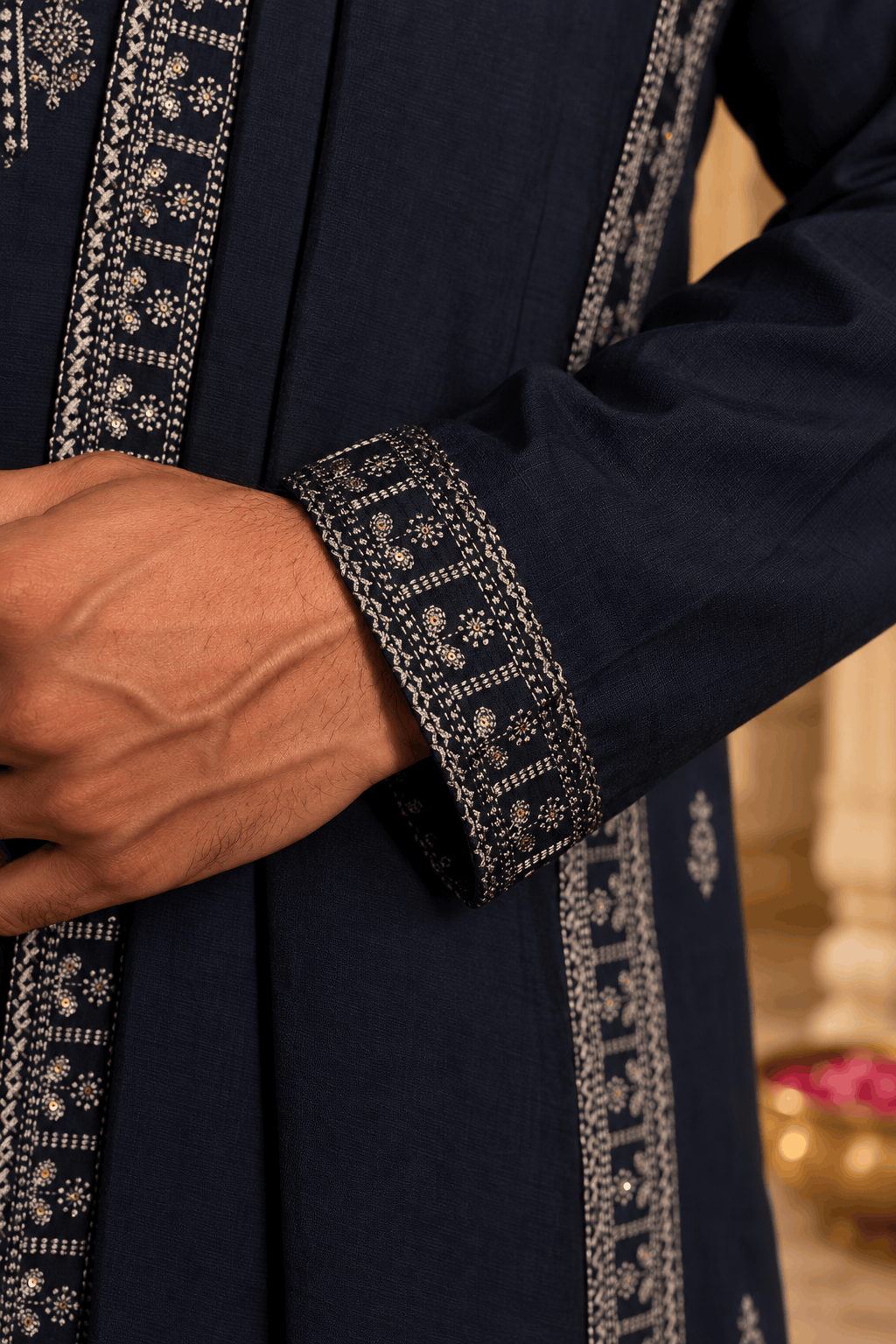 Navy Blue Vine Embroidery Kurta With Dupatta
