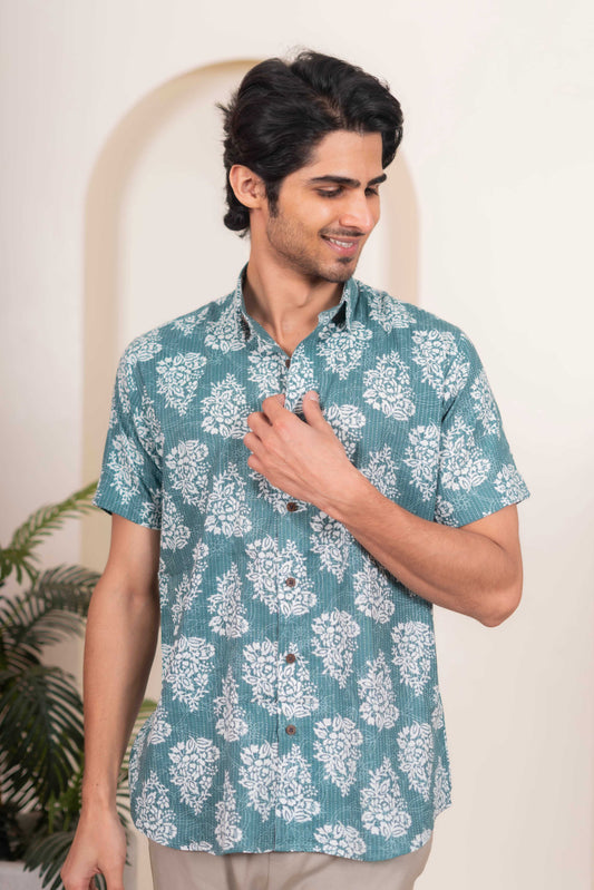 The Mineral Green Half Sleeves Kantha Work Shirt With White Floral Print