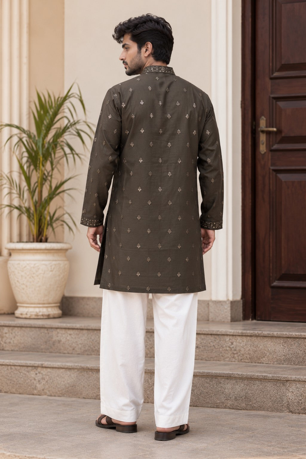 The Chocolate Brown Sequins Embroidered Long Kurta With Dupatta