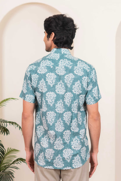 The Mineral Green Half Sleeves Kantha Work Shirt With White Floral Print