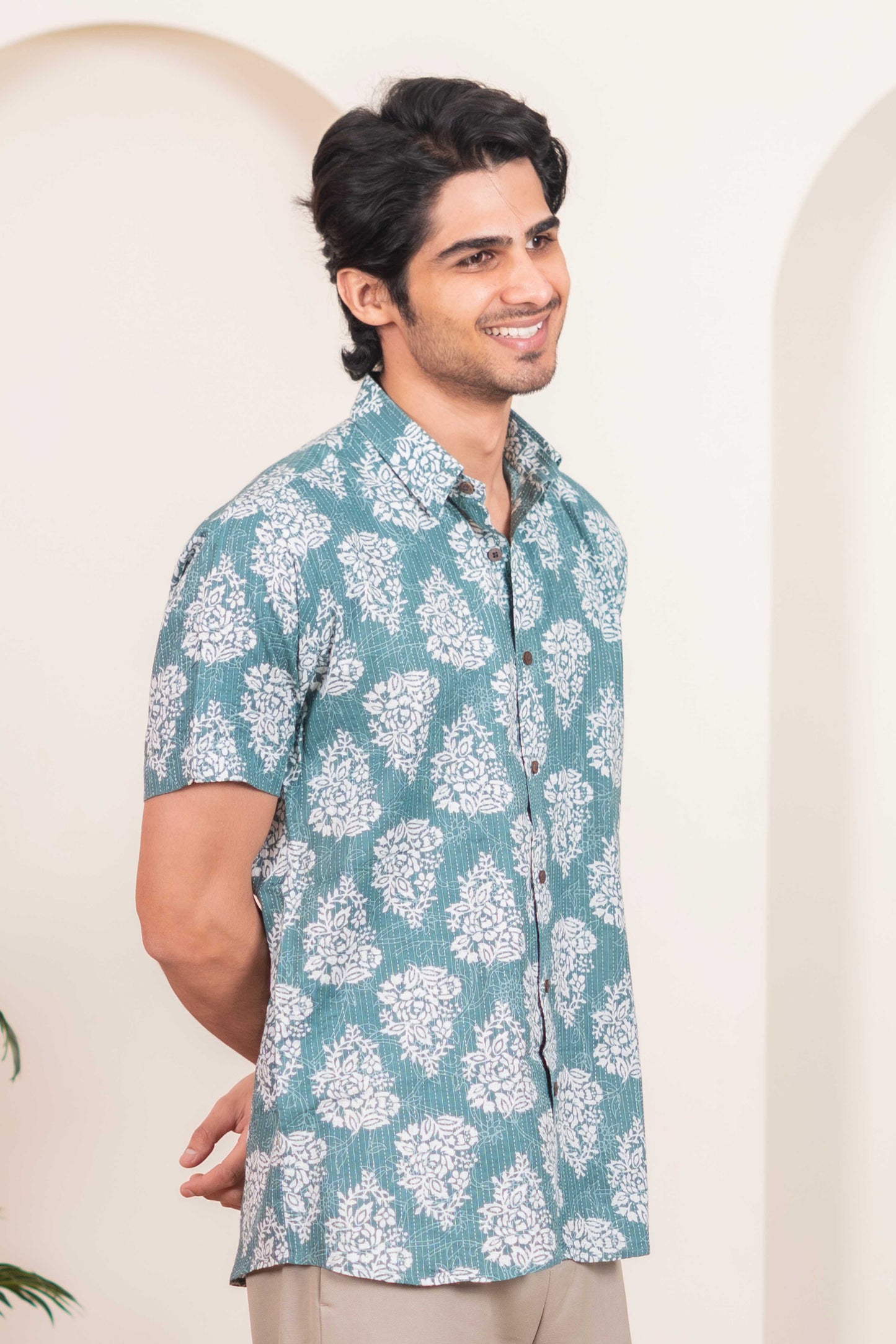 The Mineral Green Half Sleeves Kantha Work Shirt With White Floral Print