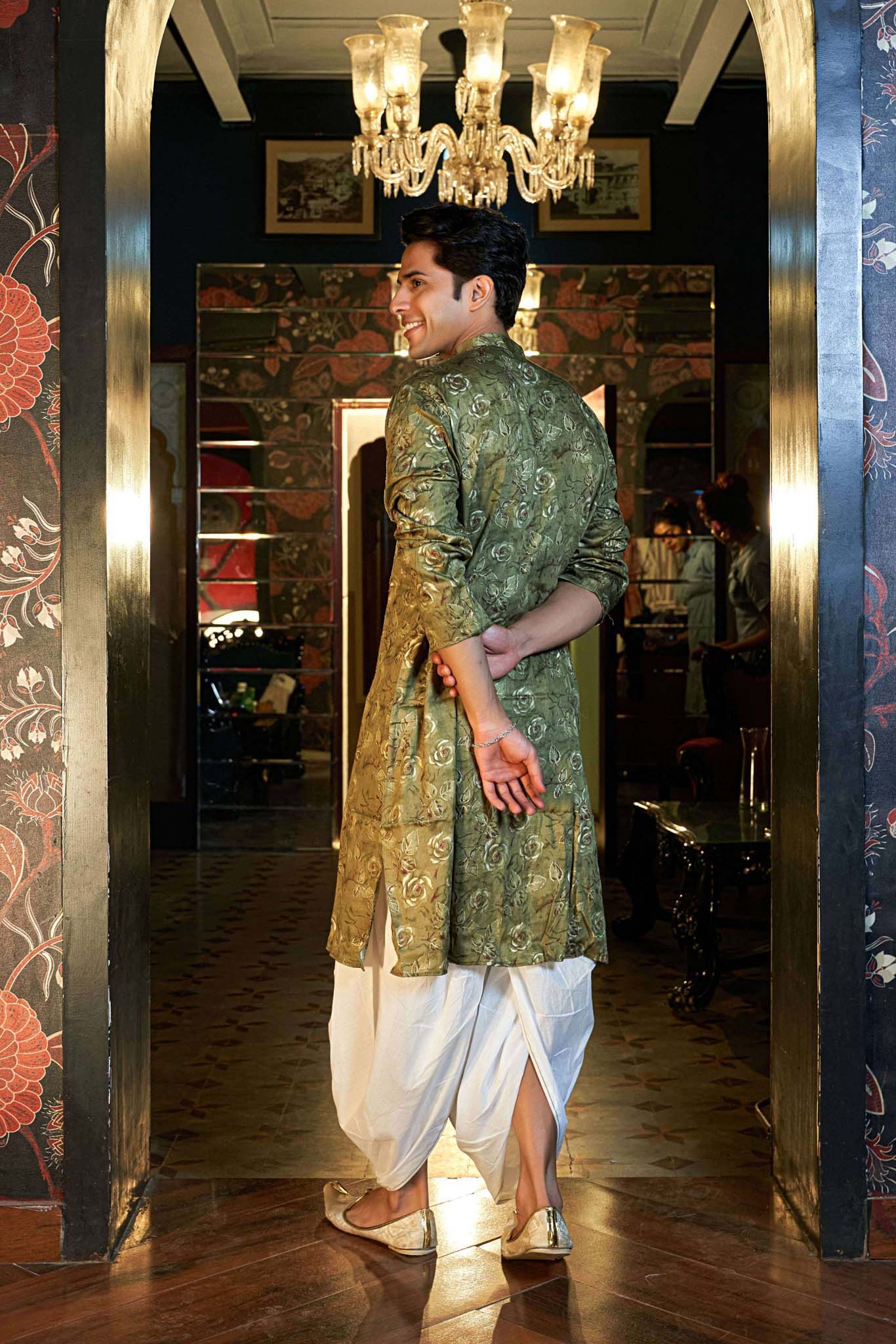 The Olive Green Floral Foil Print Long Kurta