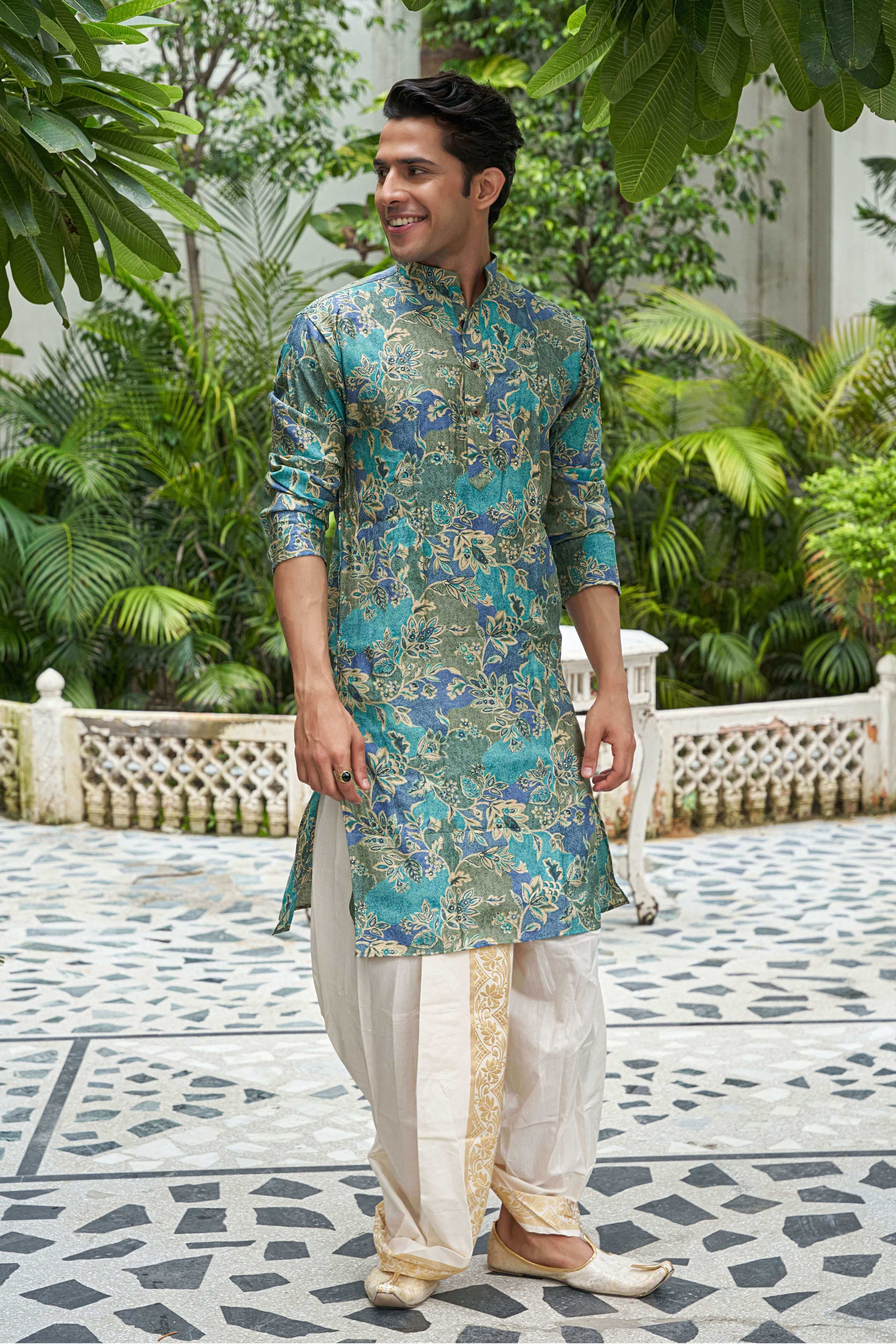 The Sprint Green and Blue Long Kurta With Floral Foil Print
