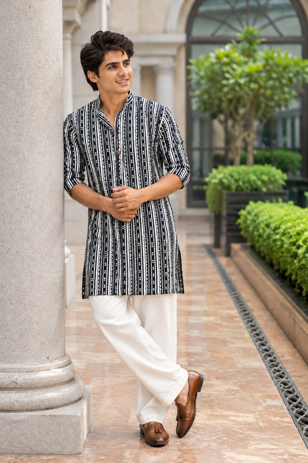 The Greyish Blue Kantha Work Mid Thigh Kurta With Tribal Stripe Print