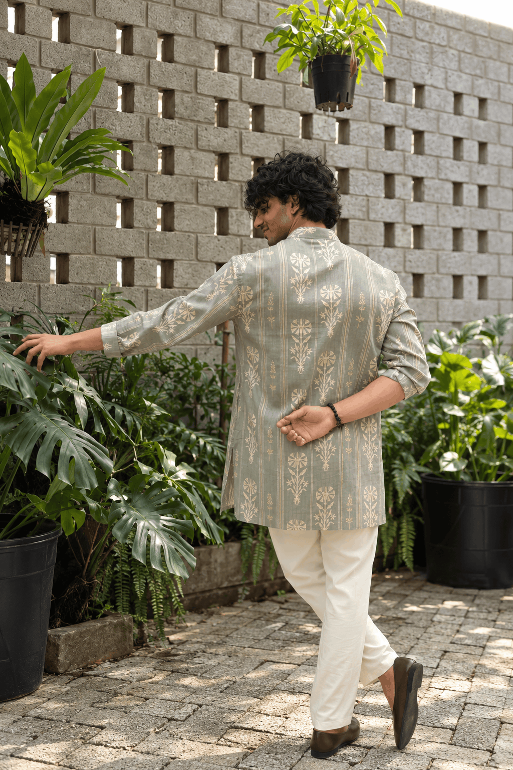 The Muted Grey Golden Print Mid Thigh Length Kurta