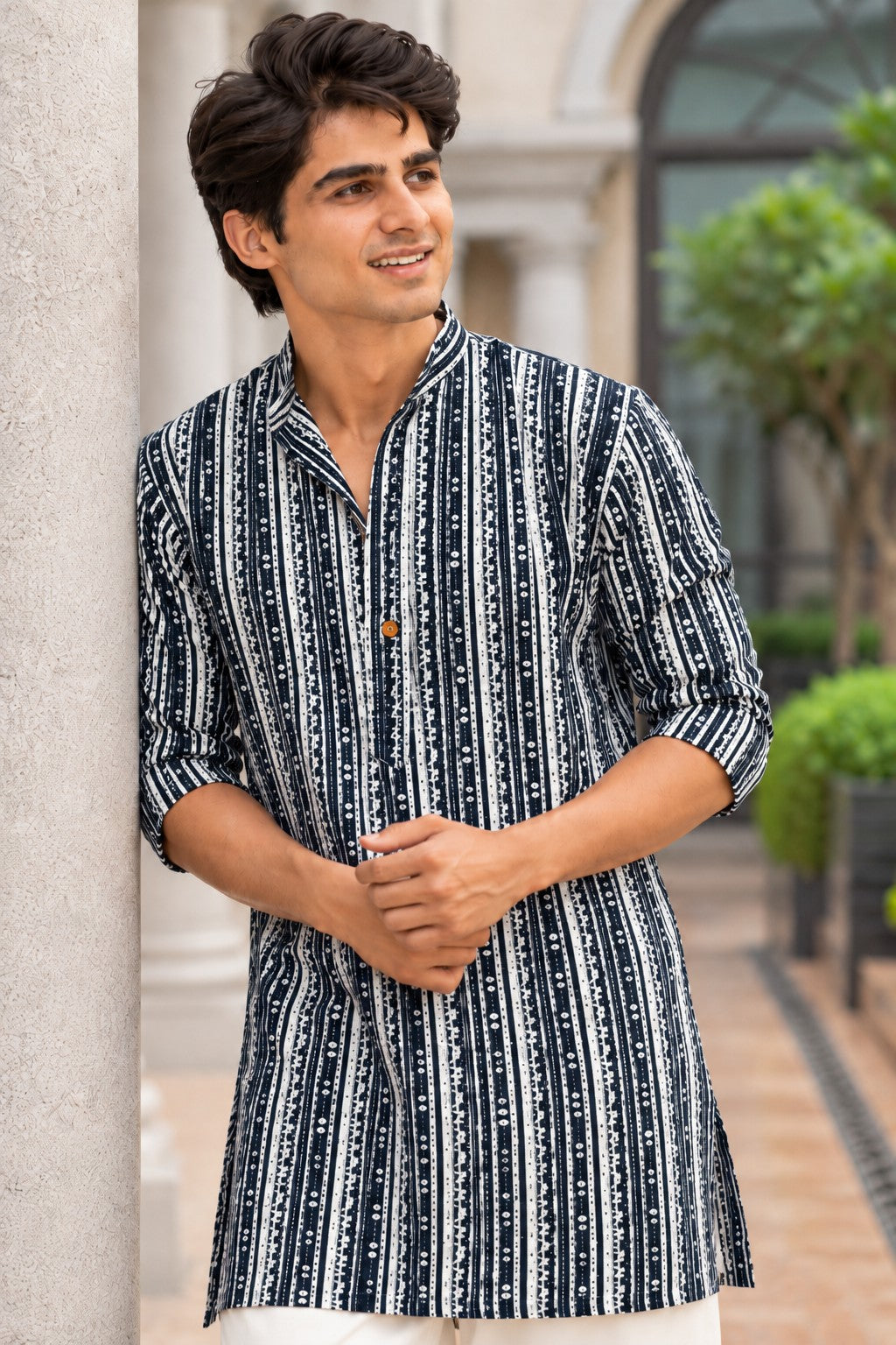 The Greyish Blue Kantha Work Mid Thigh Kurta With Tribal Stripe Print