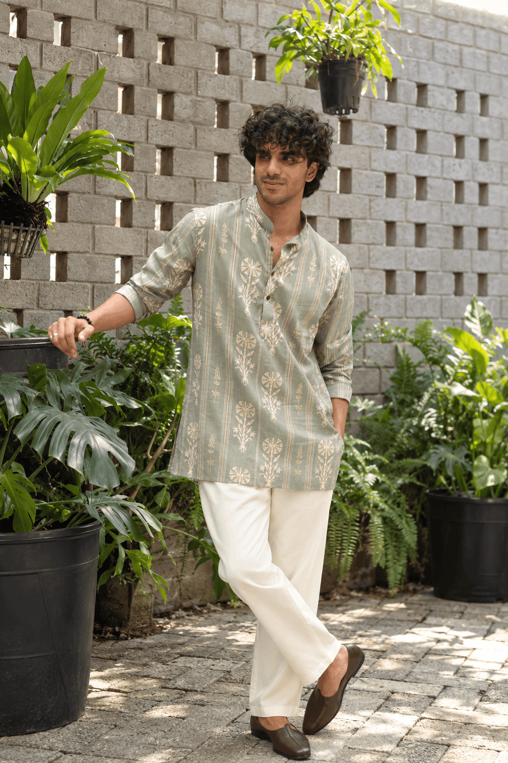The Muted Grey Golden Print Mid Thigh Length Kurta