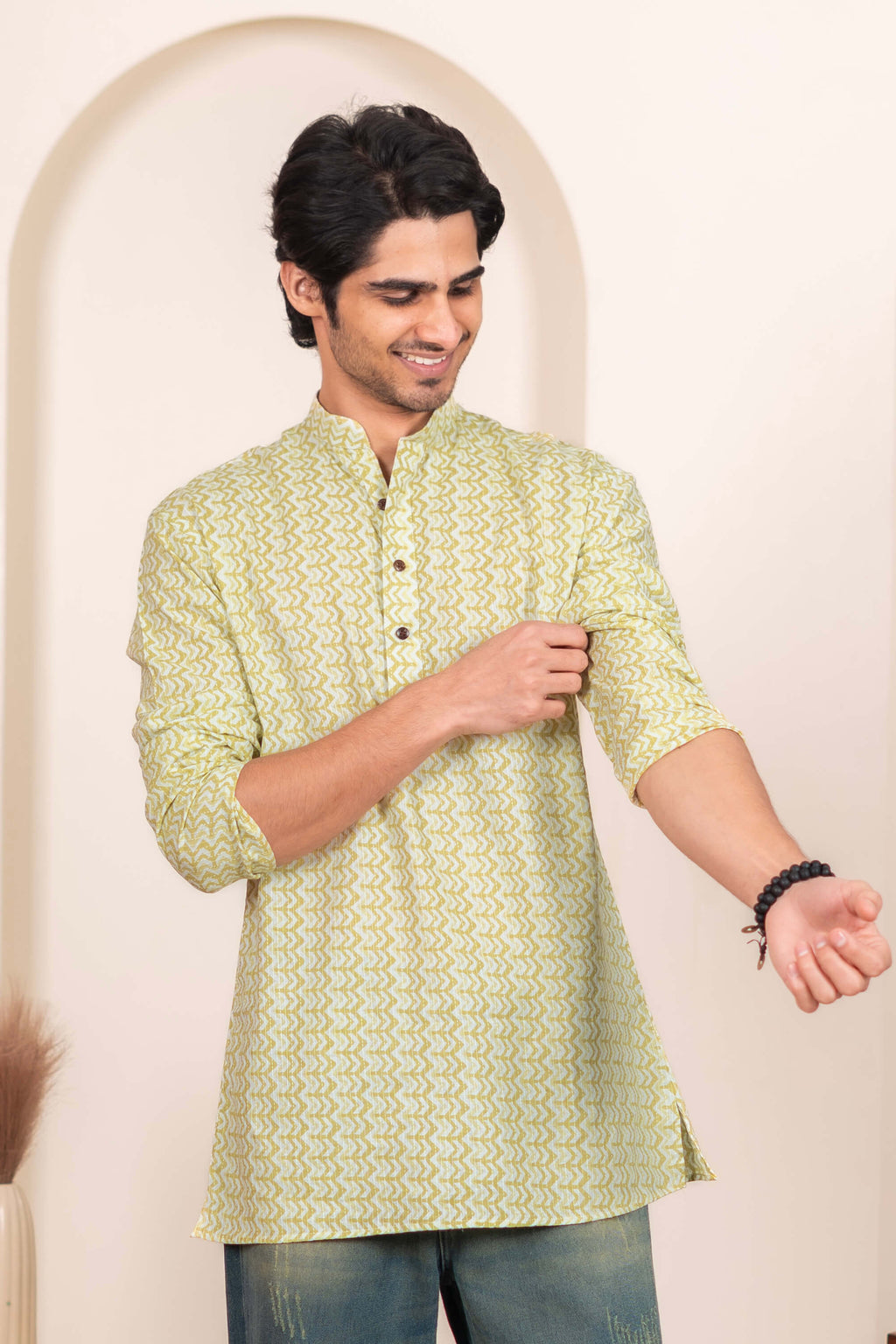 The White Kantha Work Short Kurta with Volt Green Chevron Print