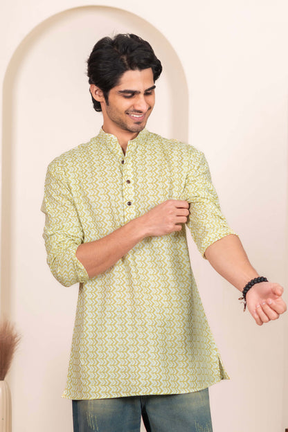 The White Kantha Work Short Kurta with Volt Green Chevron Print