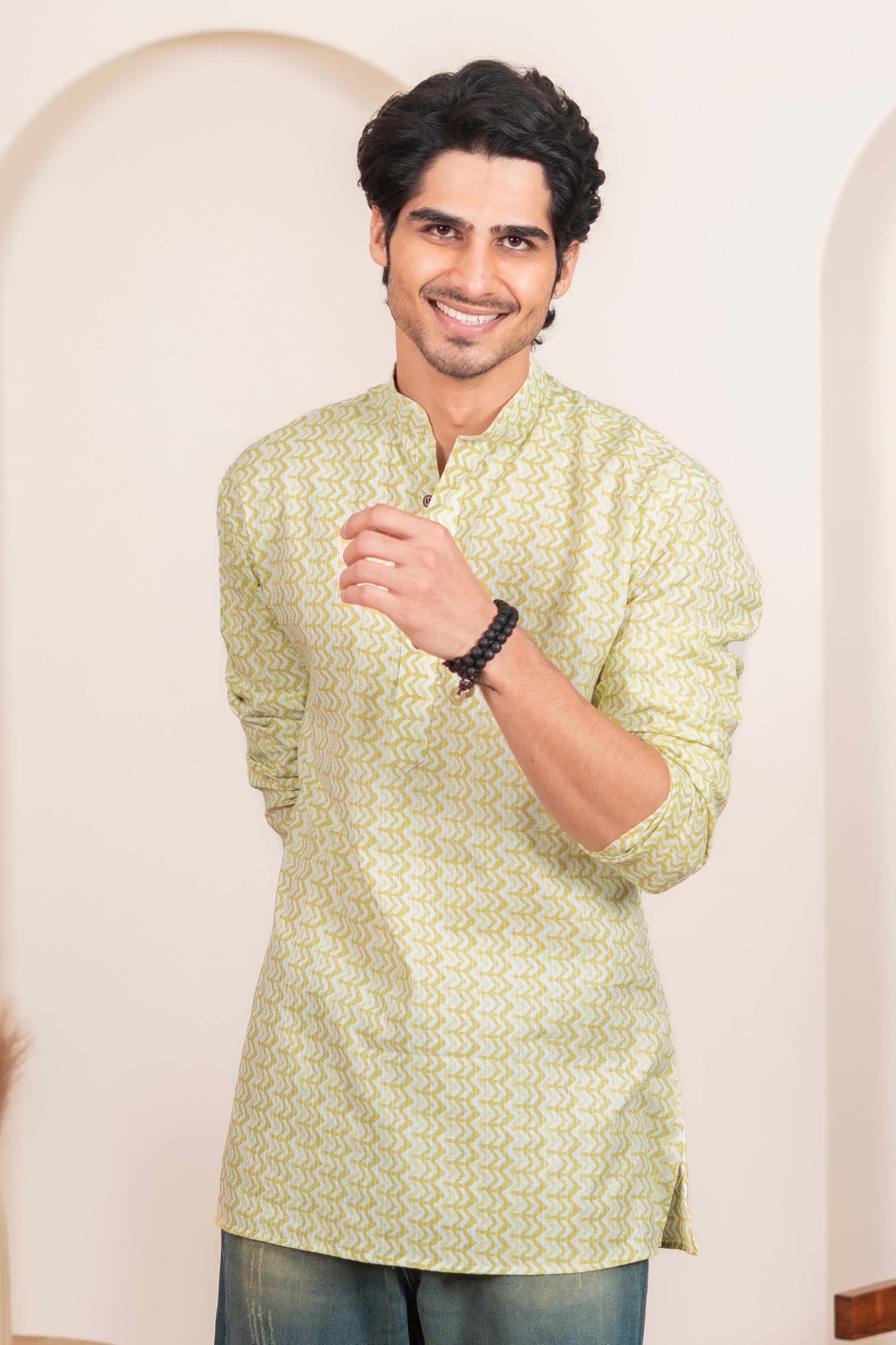 The White Kantha Work Short Kurta with Volt Green Chevron Print