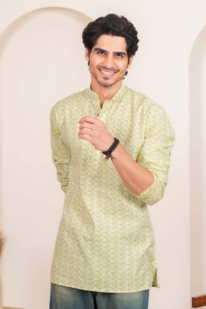 The White Kantha Work Short Kurta with Volt Green Chevron Print