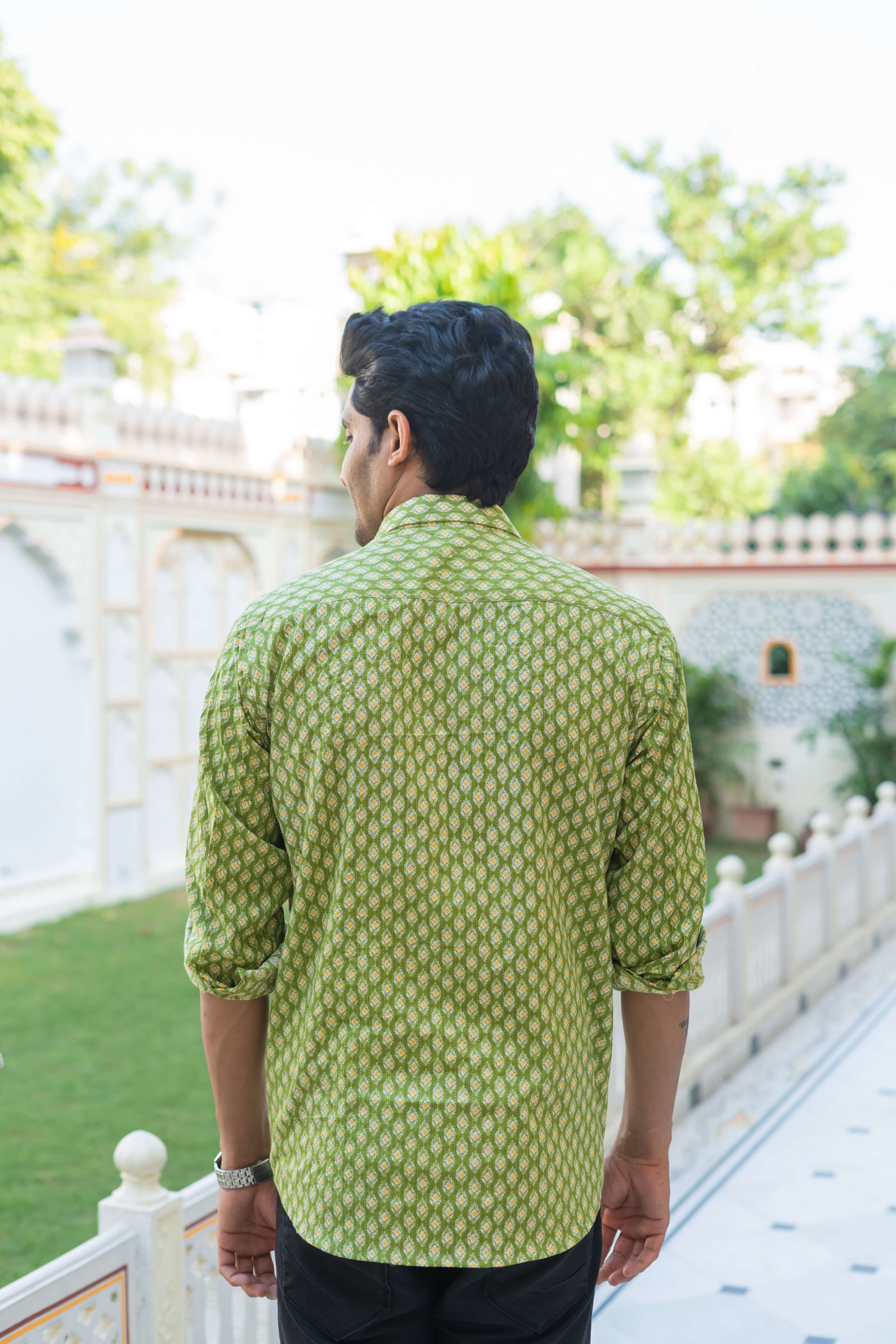 The Green Kantha Work Shirt With Geometric Ikat Print