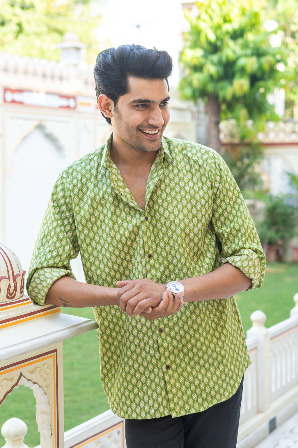 The Green Kantha Work Shirt With Geometric Ikat Print