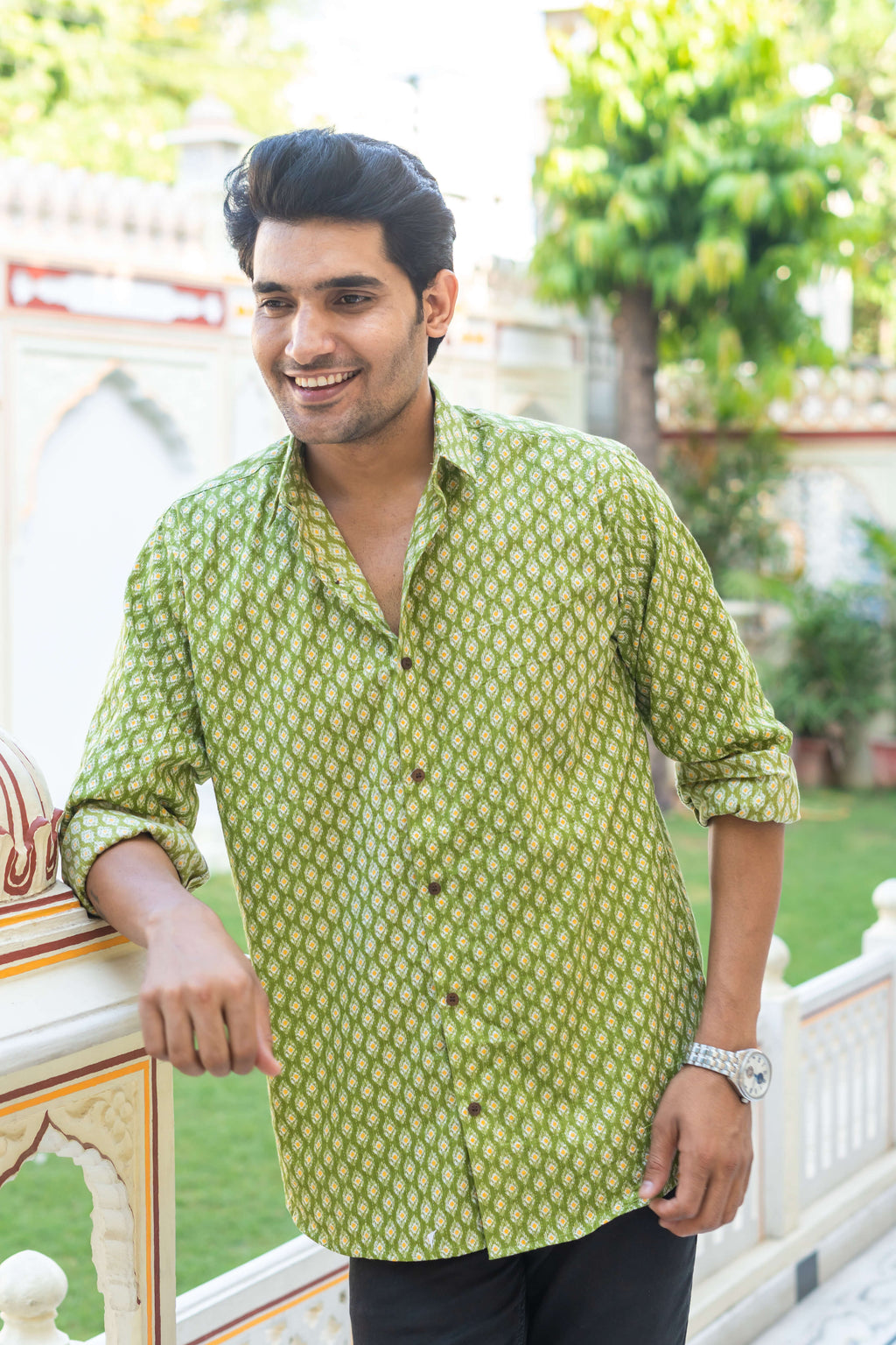 The Green Kantha Work Shirt With Geometric Ikat Print