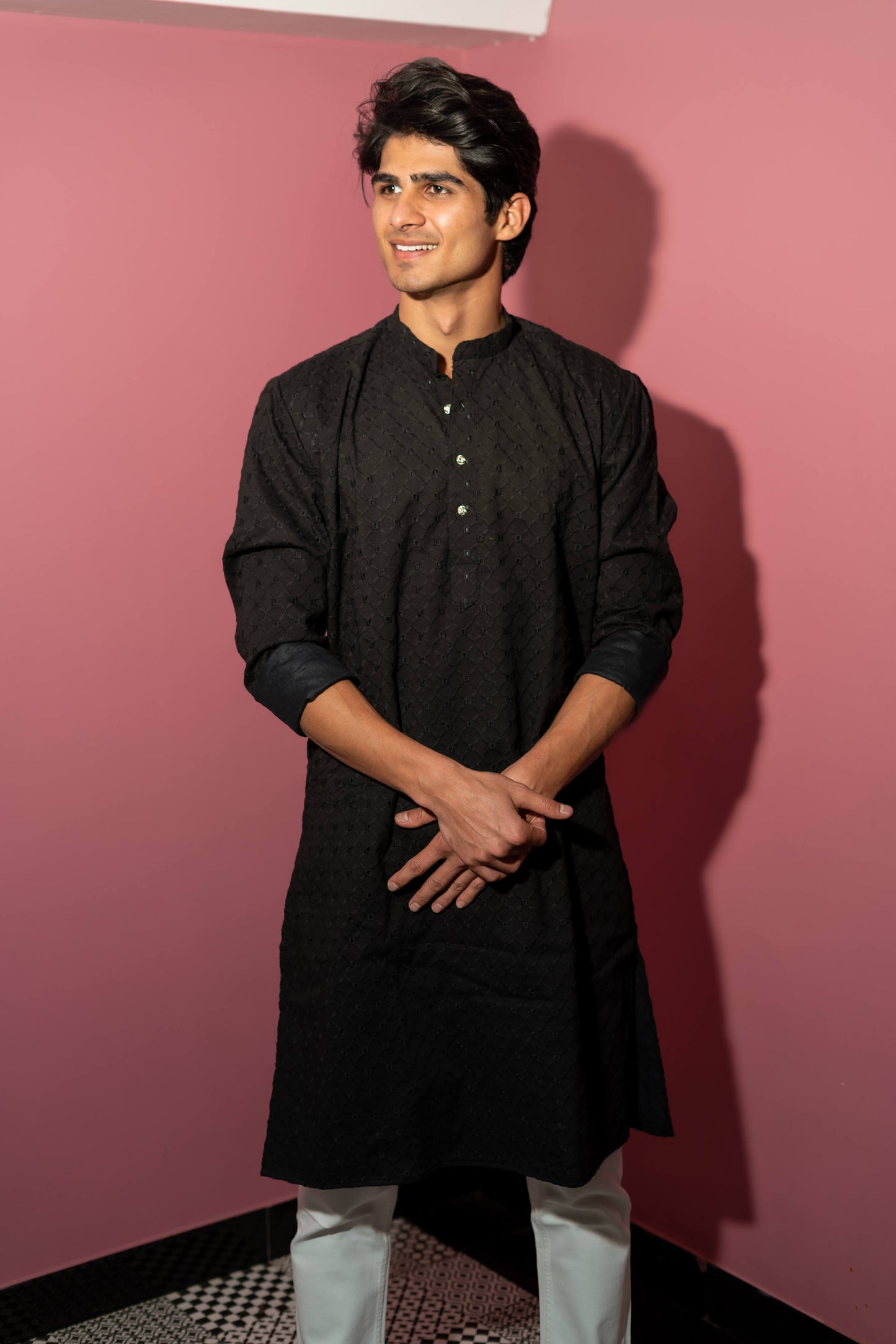 The Solid Black Chikan Kari Work Long Kurta