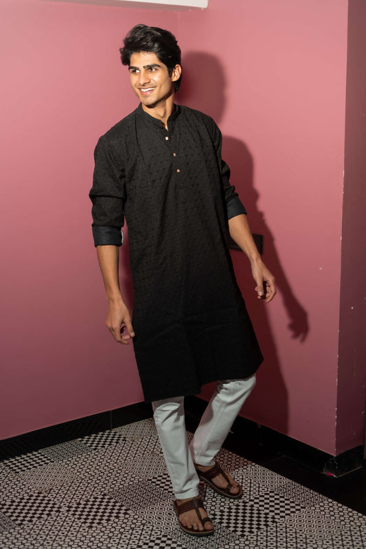 The Solid Black Chikankari Work Long Kurta