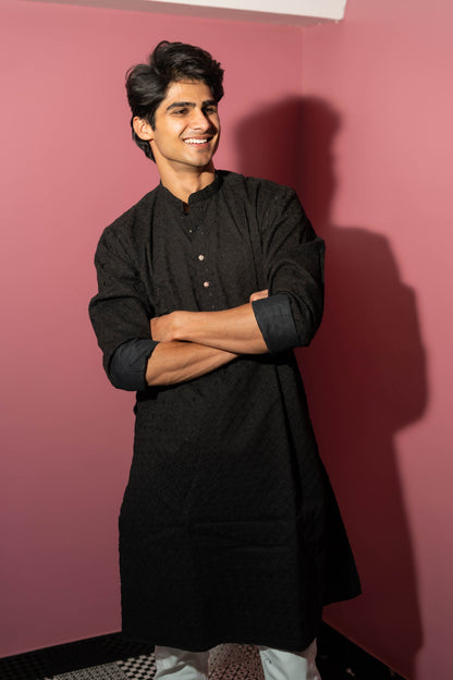 The Solid Black Chikan Kari Work Long Kurta