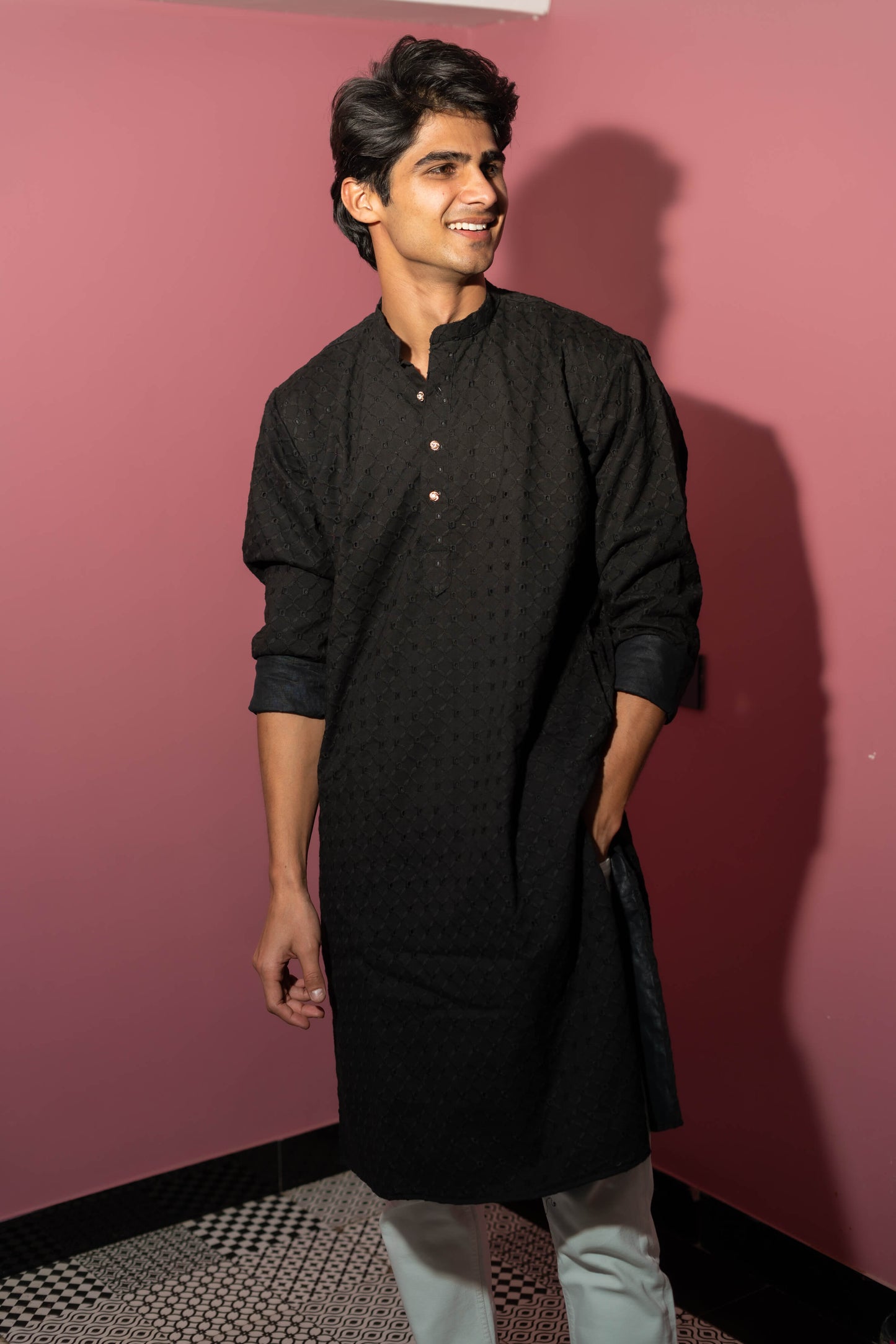 The Solid Black Chikan Kari Work Long Kurta