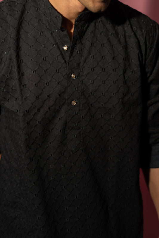 The Solid Black Chikan Kari Work Long Kurta