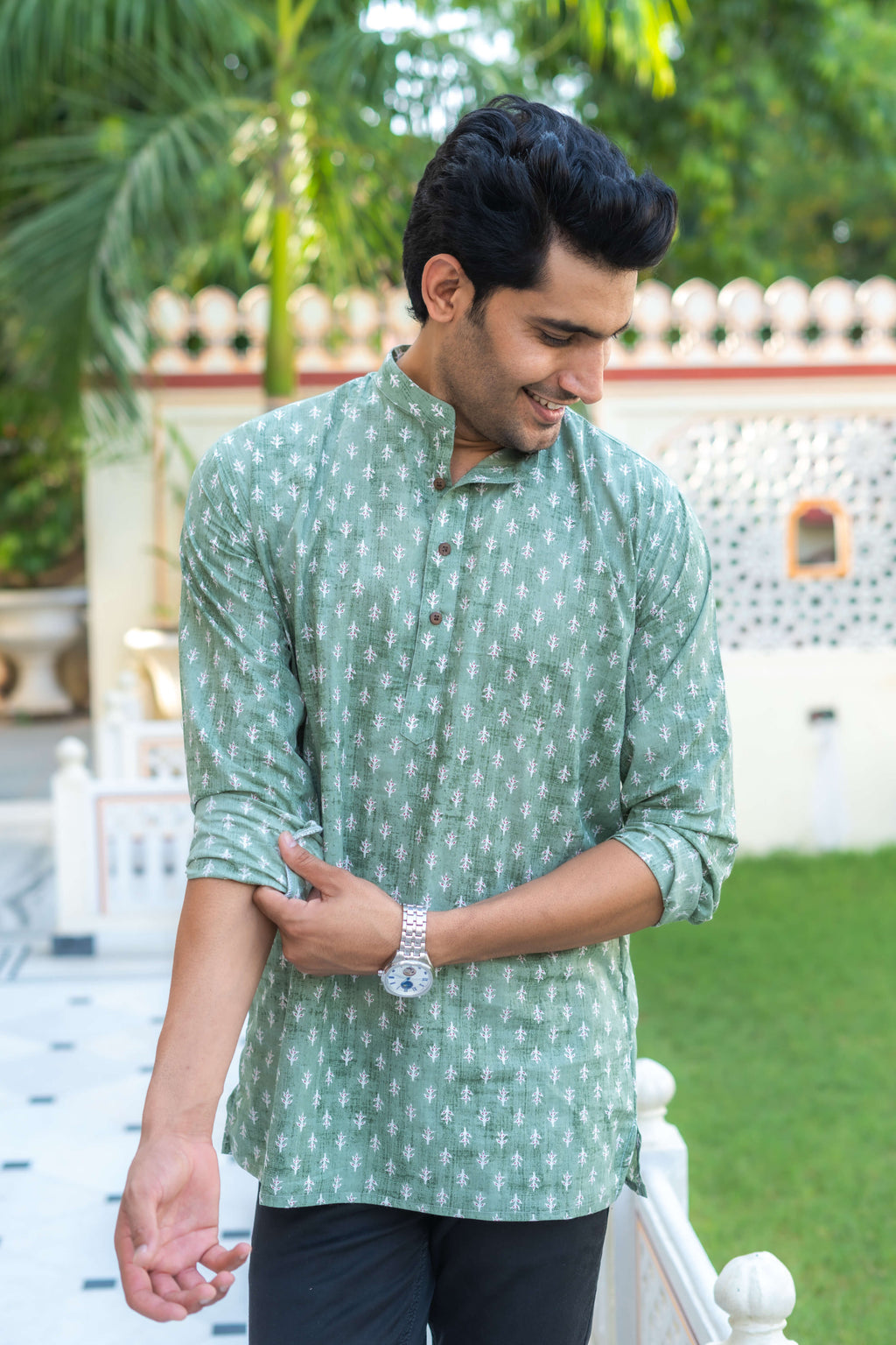 The Forest Green Short Kurta With Floral Butti Print