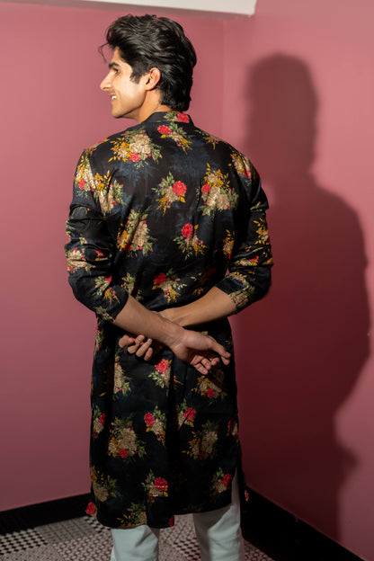 The Black Long Kurta With Hand Painted Look Flower Print