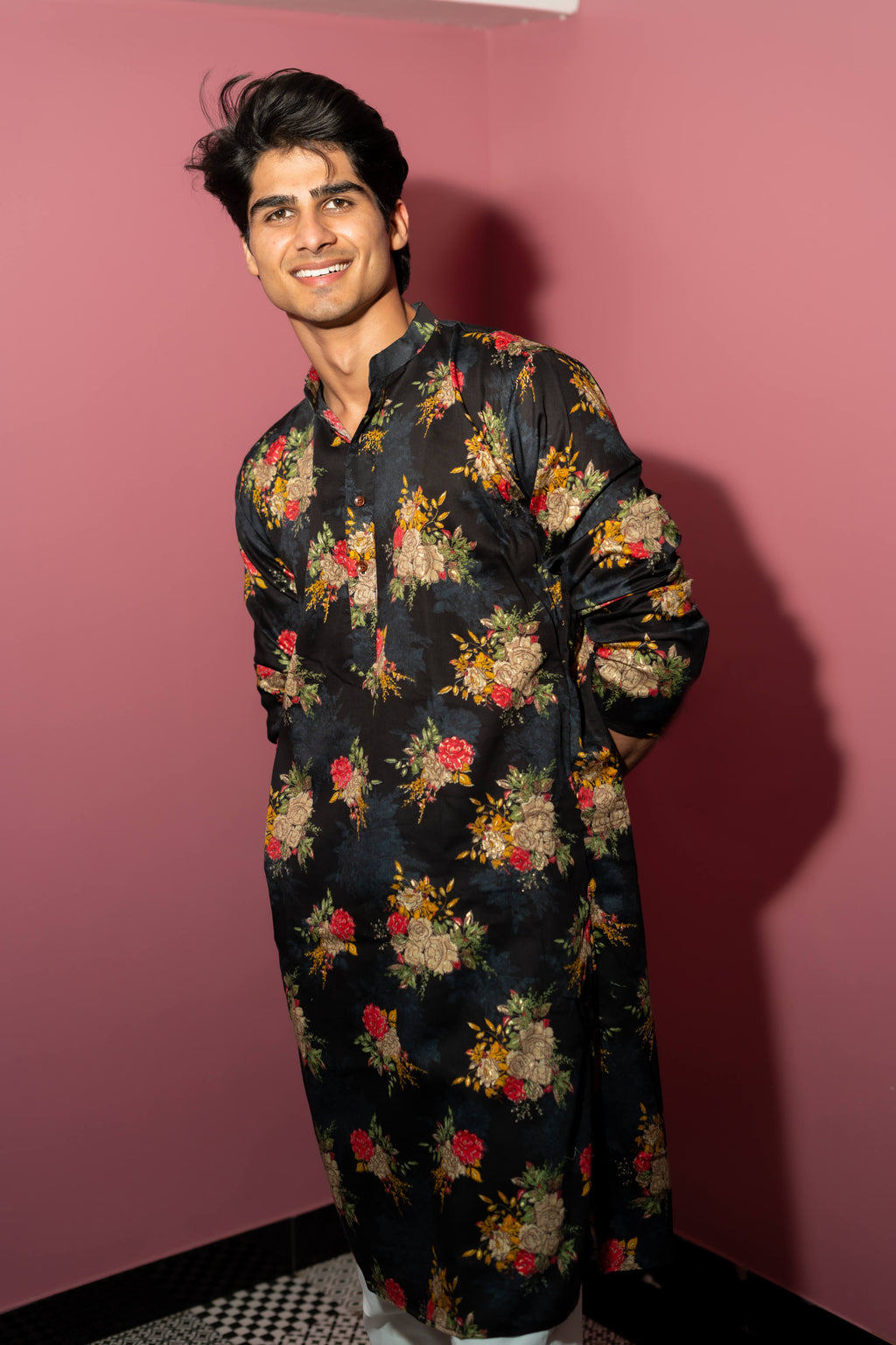 The Black Long Kurta With Hand Painted Look Flower Print