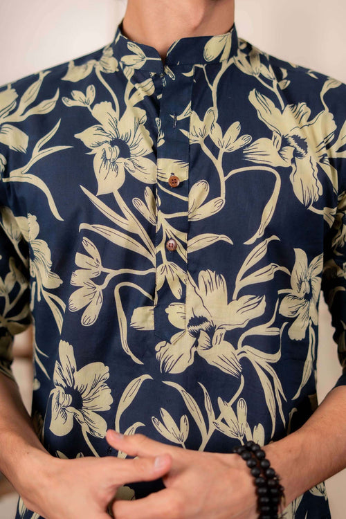 The Astro Blue Short Kurta With Ivory Color Floral Print