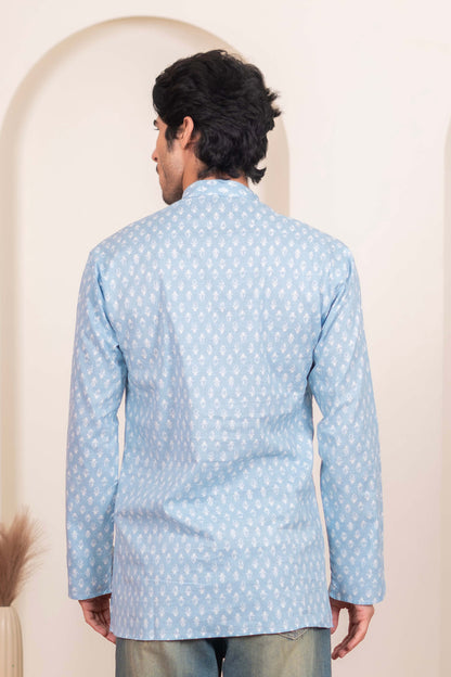 The Frost Blue Short Kurta with White Floral Motifs