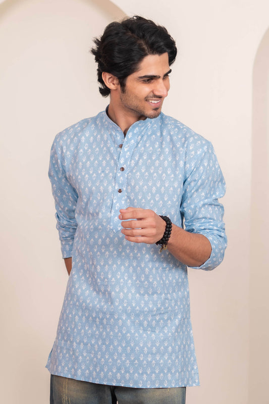 The Frost Blue Short Kurta with White Floral Motifs