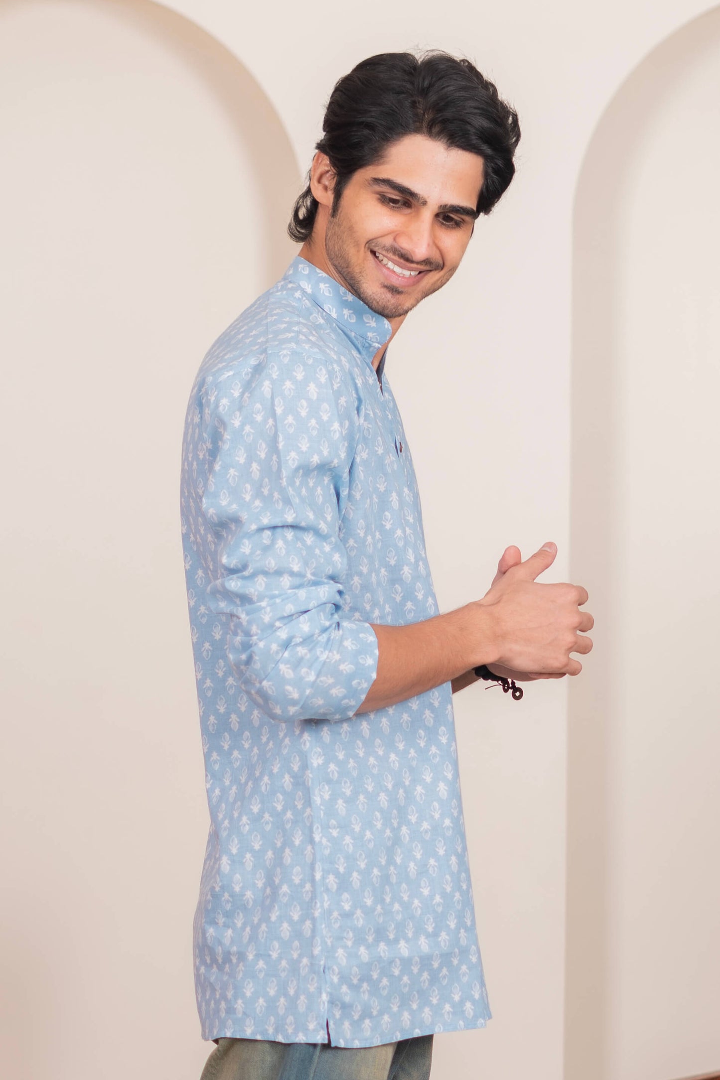 The Frost Blue Short Kurta with White Floral Motifs