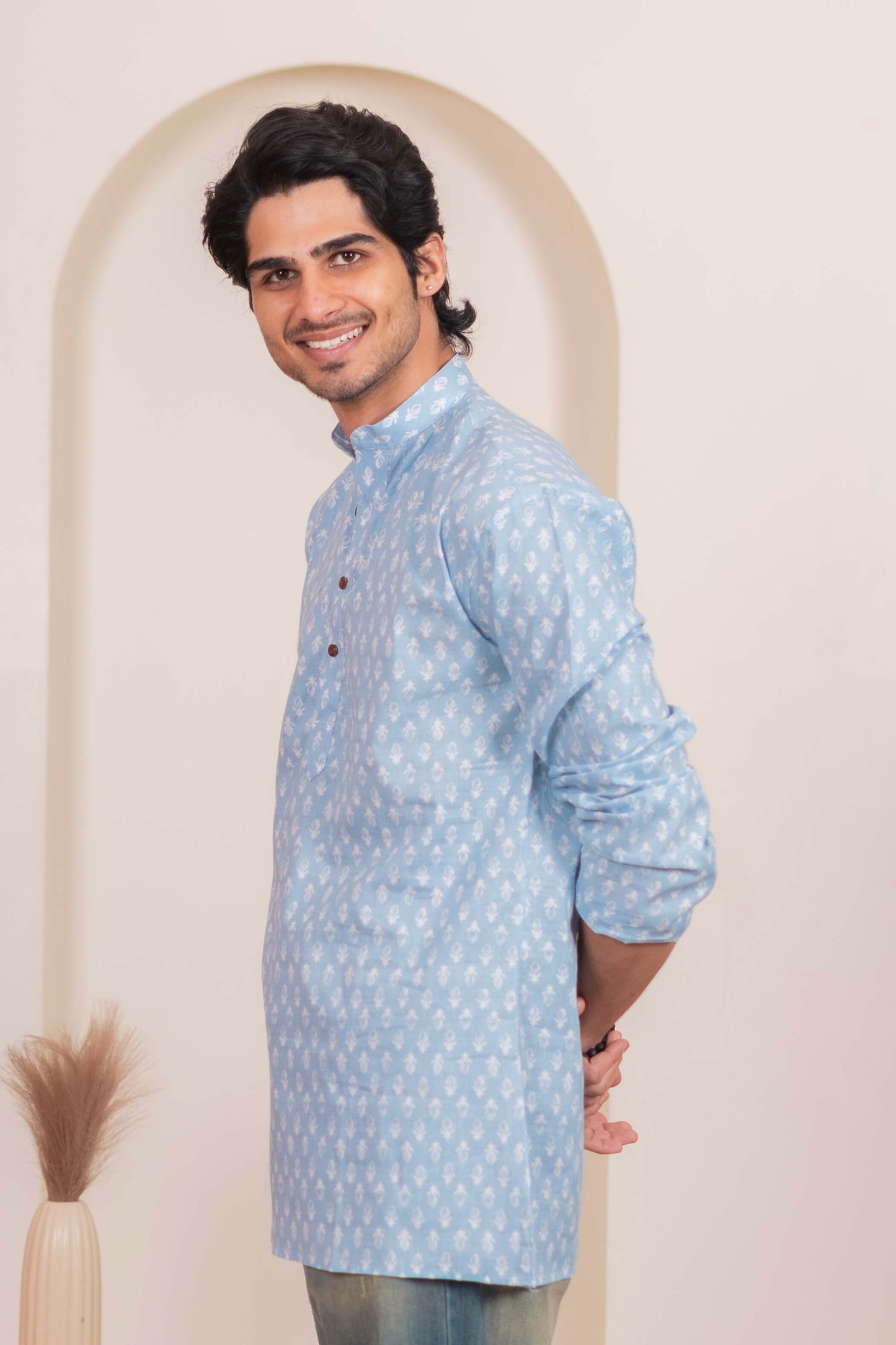 The Frost Blue Short Kurta with White Floral Motifs