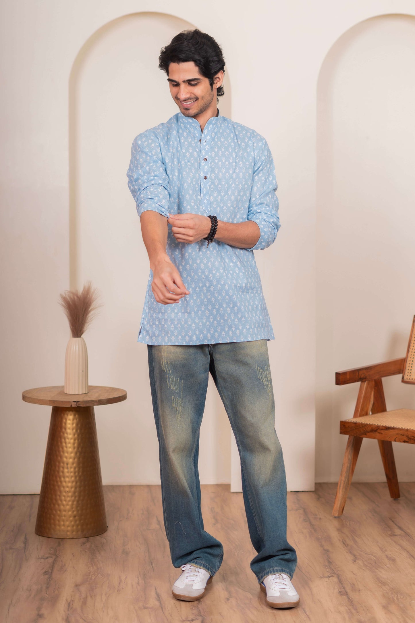 The Frost Blue Short Kurta with White Floral Motifs