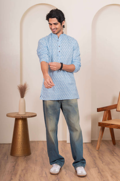 The Frost Blue Short Kurta with White Floral Motifs