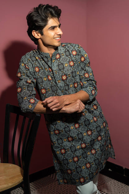 The Black And White Kantha Work Long Kurta With Tribal Print